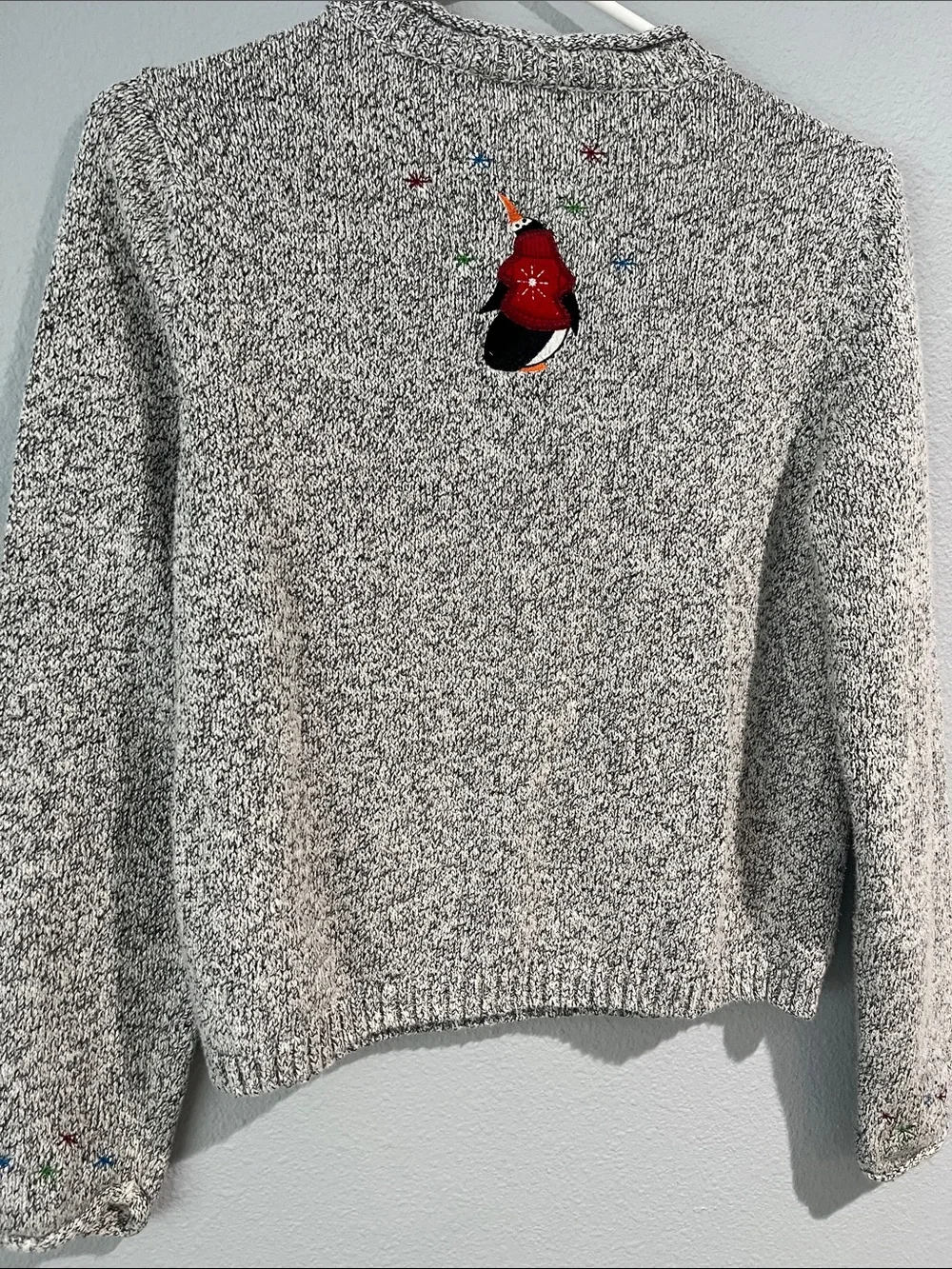 Christopher & Banks Grey Marled Crewneck Sweater with Embroidered Penguins